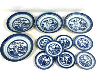 Lot 1850 11pc lot of Chinese Export Blue and White Canton Pattern Porcelain Plates and Saucers.