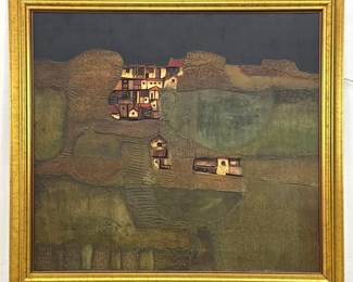 Lot 1542 Large Scale Modernist Mixed Media Relief Painting on Board Architectural Hillside Village Landscape