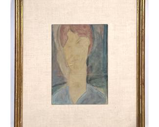 Lot 1965 A. Modigliani Print on Paper Portrait of a Woman with Elongated Neck and Blue Collar