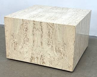 Lot 1626 Postmodern travertine veneered plinth table. Coffee or Low Side Table. Not marked.