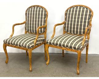 Lot 1730 Pair Century Chair Company Carved Foliate and Faux Bois Style Armchairs with Plaid Upholstery