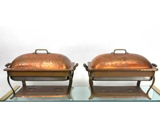Lot 2010 Pr Hand Chased Copper Rectangular chafing dishes. Brass Trim. BAZAR FRANCAIS New York