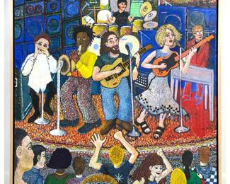 Lot 1692 Folk Art Style Musical Performance Painting on Canvas in Wood Floater Frame.