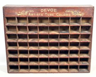 Lot 1771 Antique Devoe Artists Tube Colors 48 Compartment Stained Wood Retail Display Cubby Cabinet