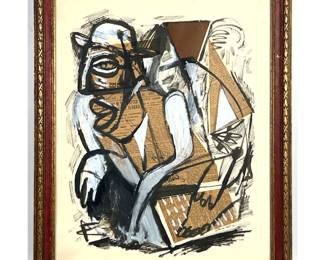 Lot 1493 Jen Olin Mixed Media Collage on Paper. Cubist Abstract Figure with 1924 Newspaper Clippings. Signed