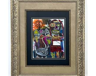 Lot 1492 NeoExpressionist Mixed Media Painting on Paper with Collage Element. Framed. Unsigned.