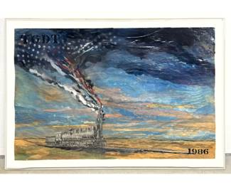 Lot 1541 TODT Flag Series Mixed Media Work on Paper 1986 Industrial Steam Locomotive Subject. Pennsylvania Ac