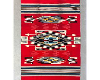 Lot 2080 4 2 X 7 Southwest Chimayo Style Flat Weave Wool Rug with Eye Dazzler Medallion and Turquoise Accent