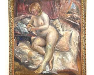 Lot 1918 Large Homsey oil on canvas painting titled Olympia. Seated female nude, signed and dated
