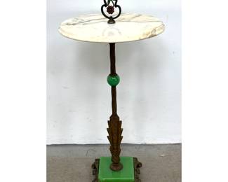 Lot 1488 Art Deco Cast Iron and Marble Smoking Stand with Green Slag Glass Accents and Floral Handle