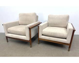 Lot 1472 Pair Interior Define Walter Model MidCentury Modern Style Armchairs in Walnut and Oatmeal Fabric
