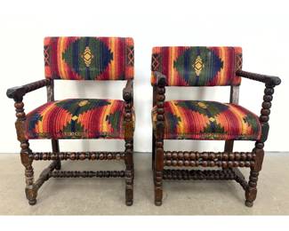 Lot 1722 2pc Spanish Revival Bobbin Turned Wood Armchairs. Southwestern Pattern Upholstery. Different heights