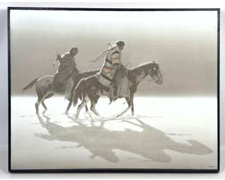 Lot 1970 JOHN PACE Tonalist Western Painting. Two Native Americans on Horseback. Winter Scene One wears a Hu