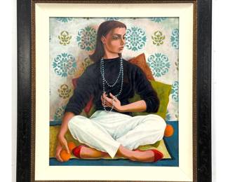 Lot 1644 Bernique Longley signed oil on canvas portrait painting of a seated woman with oranges and beads dat