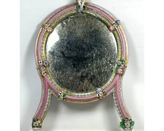 Lot 1676 19th Century German Porcelain Beveled Tabletop Mirror with Encrusted Flowers and Cherub Finial. Meis