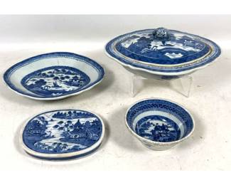 Lot 1818 4pc Group of Chinese Export Blue and White Canton Porcelain Tableware comprising a Covered Vegetable