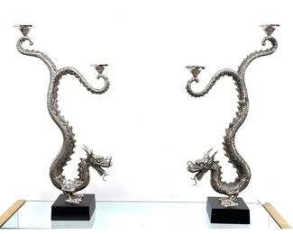 Lot 1776 Pr JOSIE NATORI Figural Asian Dragon Candelabra. Detailed Dragon Sculpture holds 2 Taper or Column C
