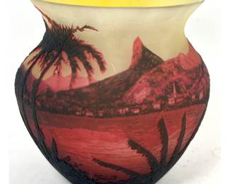 Lot 1897 Signed Tropical Landscape Cameo Glass Vase with Palm Trees and Mountains.