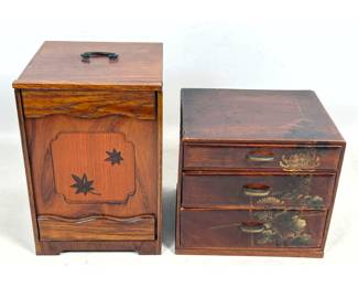 Lot 1753 2pc Lot Vintage Japanese Wooden Storage Cabinets. Portable Tea Chest and Floral Tansu.