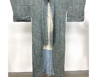 Lot 1710 Japanese Showa Era Blue Grey Textured Silk Kimono with Fine Vertical Woven Stripes and 2 Tone Silk L
