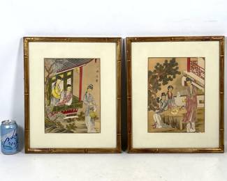 Lot 1860 Pr Chinese Paintings on Silk Depicting Court Ladies in Garden and Interior Settings. Gilt Faux Bambo