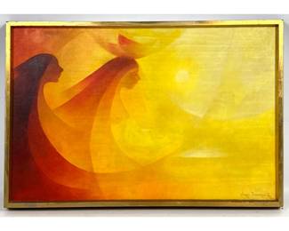 Lot 1454 Jorge Edgardo Ramirez Stylized Figural Painting. Two Women in Silhouette. Sunny Palette. Framed Canv