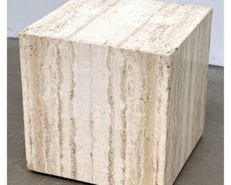 Lot 1629 Travertine Veneer Cube Side Table. Low Display Pedestal.