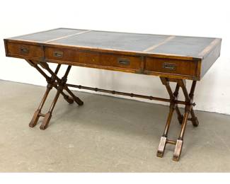 Lot 1584 Brandt Cabinet Works Campaign Style Trestle Desk with Inset Panels and Brass Hardware