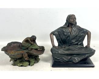 Lot 1991 2pc Sculptures. Bronze clad plaster Native American Figure and Iron Art Nouveau Nymph Flower Dish an