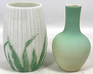 Lot 1896 2pc Lot of Victorian Art Glass including Maize Pattern Celery Vase and Shaded Green Satin Glass Vase