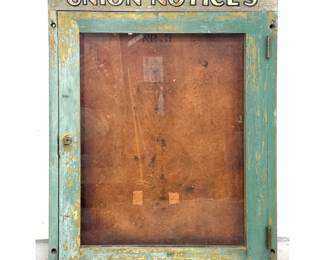 Lot 1798 Vintage Industrial Painted Wood Union Notices Wall Cabinet with Glass Door and Key
