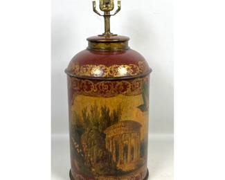 Lot 1772 Toleware Style Red Painted Metal Tea Canister Table Lamp with Neoclassical Landscape