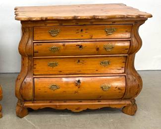 Lot 1784 Antique European Pine Bombe Chest of Drawers with Scalloped Tops and Brass Hardware. features a dram