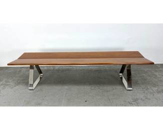 Lot 1607 BERNHARDT DESIGN Fly Bench. Wide Chrome Band Open Triangle Legs support Wood Top. Marked.