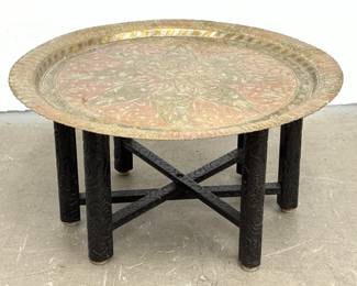 Lot 1581 AngloIndian Style Hammered Metal Tray Top Coffee Table with Carved Wood Folding Base