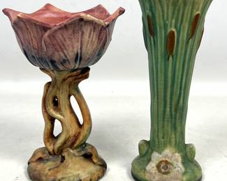 Lot 1892 2pc Weller lot of American Art Pottery. Cattail Vase and a Figural Tulip Compote