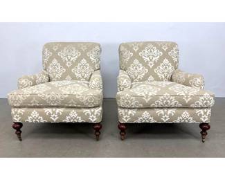 Lot 1484 Pr Traditional Club Style Armchairs In the style of George Smith. Raised Chenille Damask Upholstery.