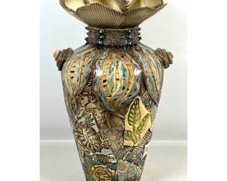 Lot 1673 GAIL MARKIEWICZ Signed Mixed Media Ceramic Floor Vase. Ruffled Petal form Rim. Stamped, Embossed Rel