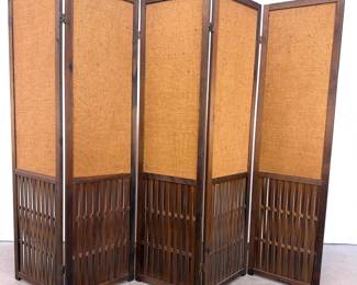 Lot 1625 Modern 5 Panel Folding Floor Screen. Room Divider. Wood Framed Burlap Panels with Woven Lattice. Not