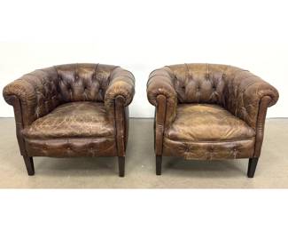 Lot 1465 Pair of Restoration Hardware English Style Tufted Leather Tub Chairs Brown Leather.