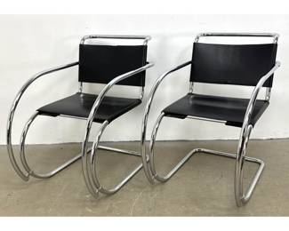 Lot 1515 Pr Mies van der Rohe Bauhaus Armchairs 1 Tubular Chrome and Black Leather Cantilever Armchairs. MR