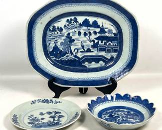 Lot 1844 3pc Chinese Export Blue and White Porcelain Landscape items with Octagonal Platter