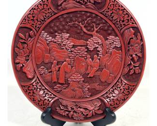 Lot 1841 Chinese Carved Red Cinnabar Lacquer Decorative Plate with 4 Figure Scholar Landscape Scene and Peony
