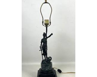 Lot 1801 H. Mayer Signed Patinated Metal Lady Justice Table Lamp on Green Marble and Tiered Black Wood Base
