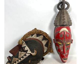 Lot 1984 2pc African Carved Wood Masks, Bobo Fing Helmet Mask and Red Painted Face Mask