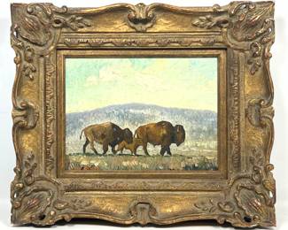 Lot 1934 E.R. Abbott oil on hardboard painting titled Buffalo Family, Western landscape with bison in ornate