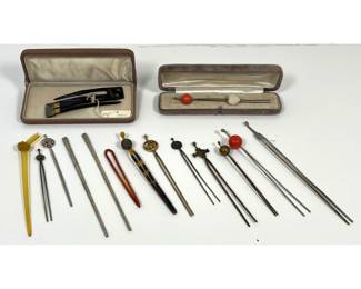 Lot 1863 15pc Assortment Vintage Japanese Kanzashi and Hairpins. One 20K Gold Top Marked K20, Tortoiseshell,
