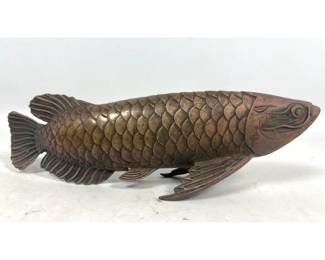 Lot 1853 Antique Heavy Bronze Arowana Dragon Fish Sculpture with Detailed Scales and Fanned Fins. Unsigned.