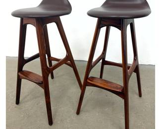 Lot 1586 Pr ERIK BUCH Rosewood Bar Stools by O.D. Mobler. Danish Modern. Brown Leather Seats. Model 61, label
