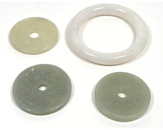 Lot 1864 Group of 4 Chinese Carved Stone Items Including 3 Bi Disks and 1 White Bangle Bracelet